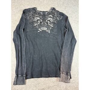Affliction Skull Thermal Waffle Shirt Mens XL Black Grunge Goth AOP Graphic Tee